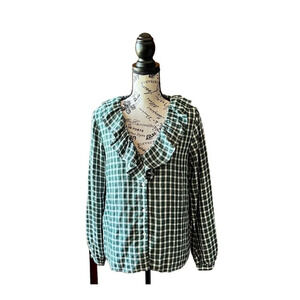 Ann Taylor Shimmer multicolor Plaid Ruffle button down Blouse Size XS fishermen